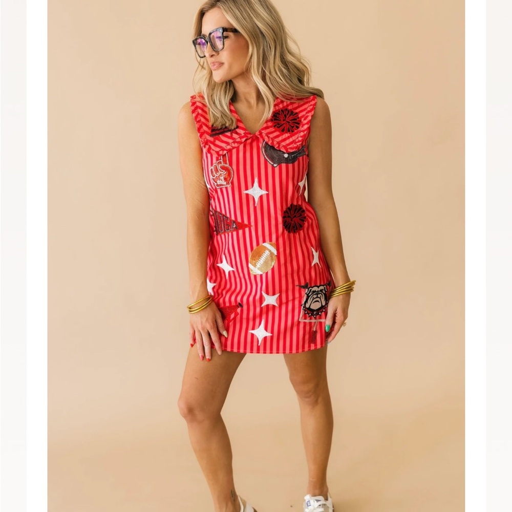 QUEEN OF SPARKLES UGA Red Striped Patchwork Sleeveless Mini Dress